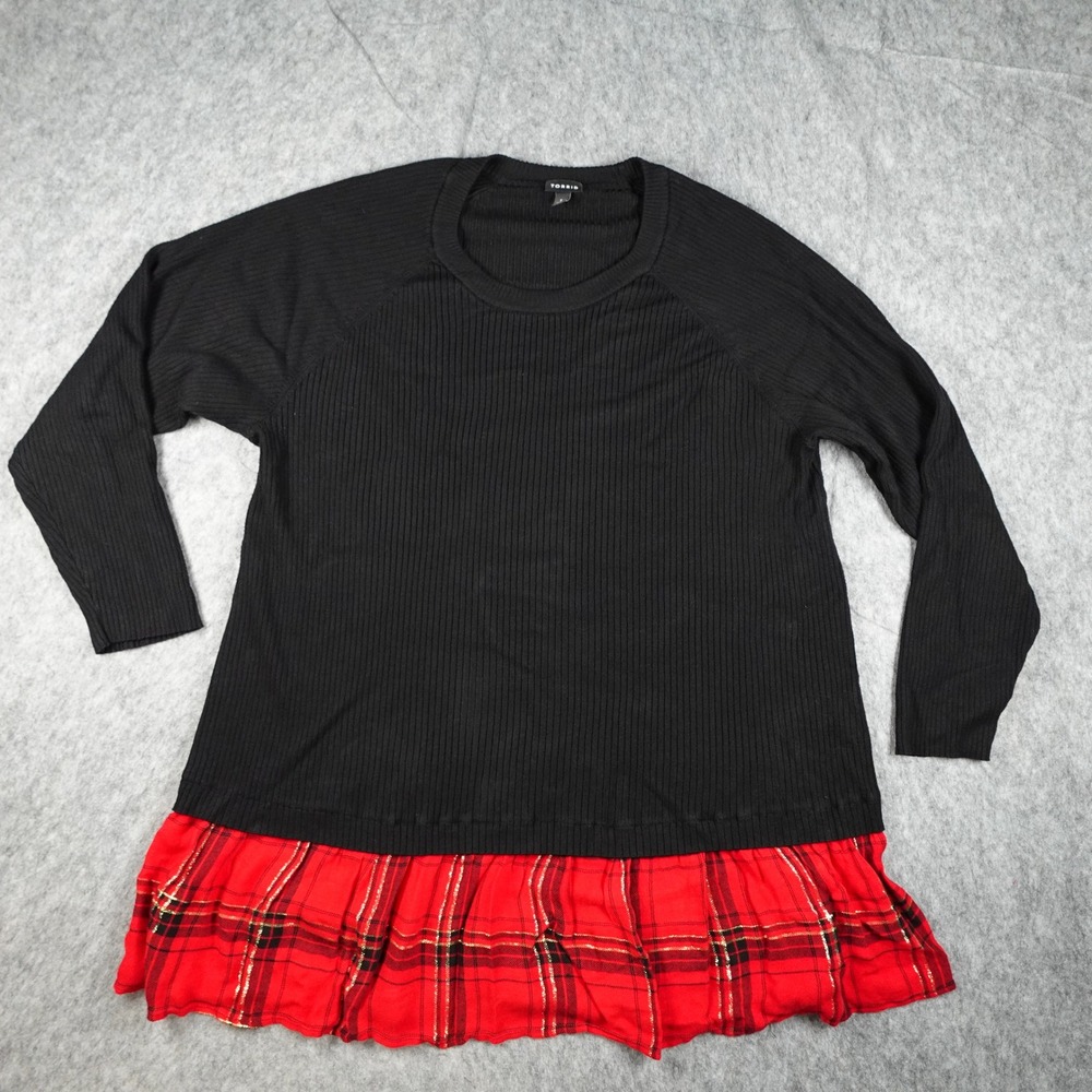 Torrid Top Women 5X Black Red Plaid Ribbed Knit Plaid Layered Hem Tunic Holiday